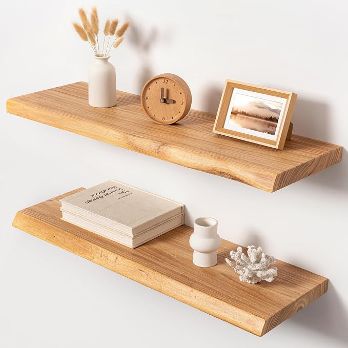32 Inch Live Edge Floating Shelves | 1.4" Extra Thick Solid Elm Wood Wall Shelf by Unknown