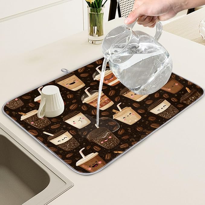 Dish Drying Mats for Kitchen Counter Coffee Beans Cups On Brown Drainer Rack - Image 5