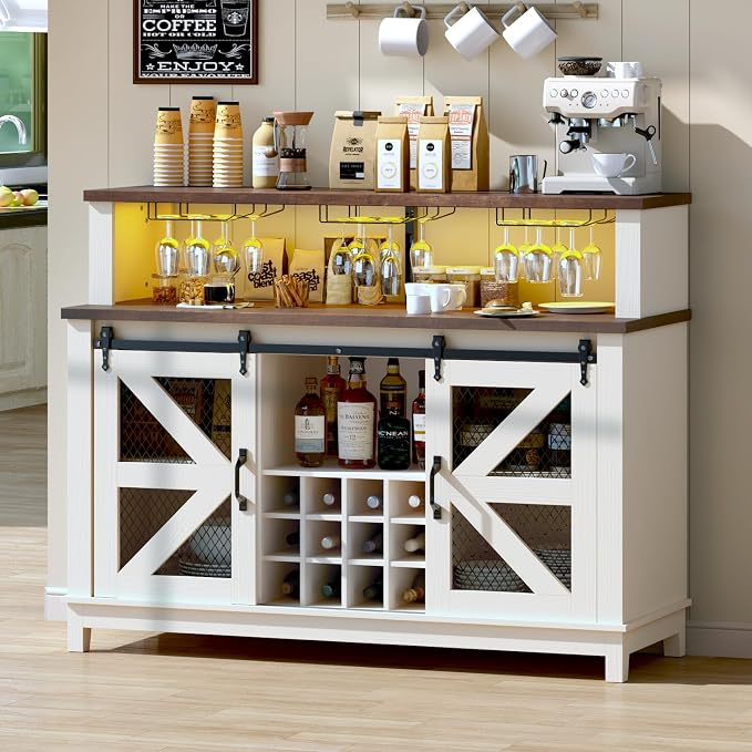 55" Coffee Bar Cabinet with LED Lights, Farmhouse Wine Bar Cabinet by PRETZI