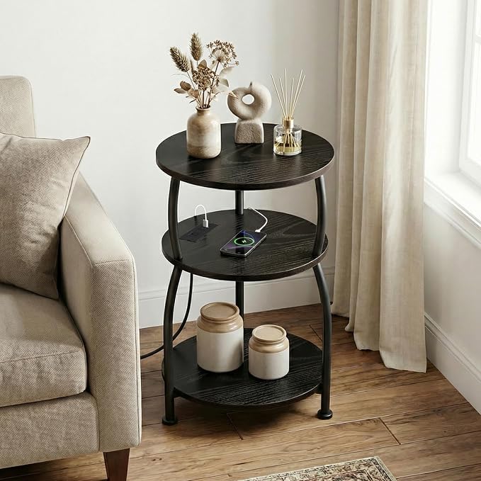 Round Side Table with Power Outlet & USB Ports, 3-Tier End Table with Storage - Image 4