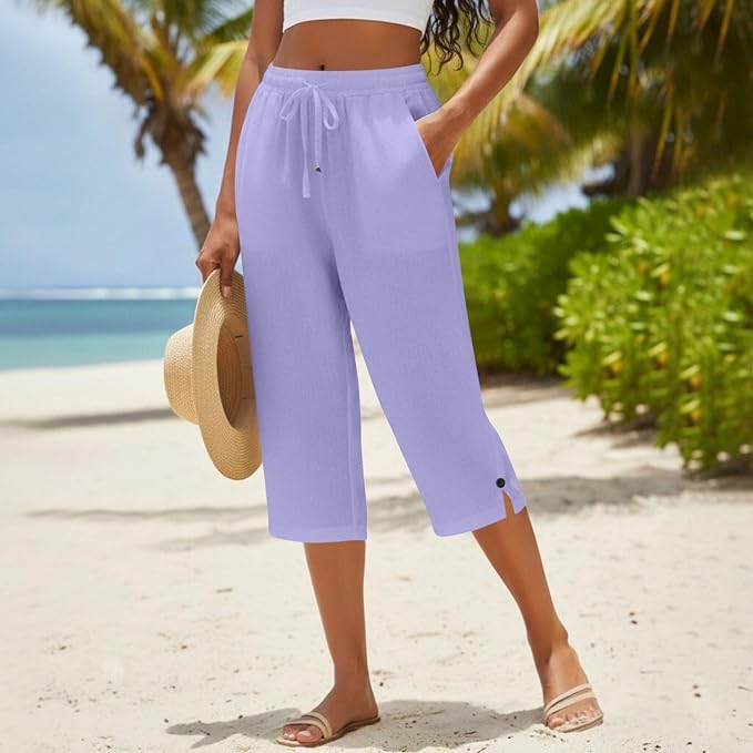 Straight Leg Capri Linen Pants for Women Elastic Waist Drawstring Pant Summer - Image 3