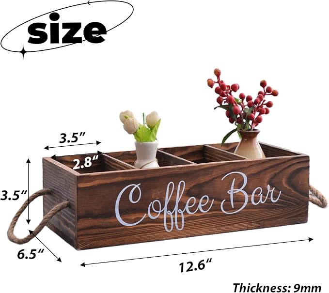Coffee Station Organizer with Removable Dividers Rustic Bar Accessories Storage - Image 2
