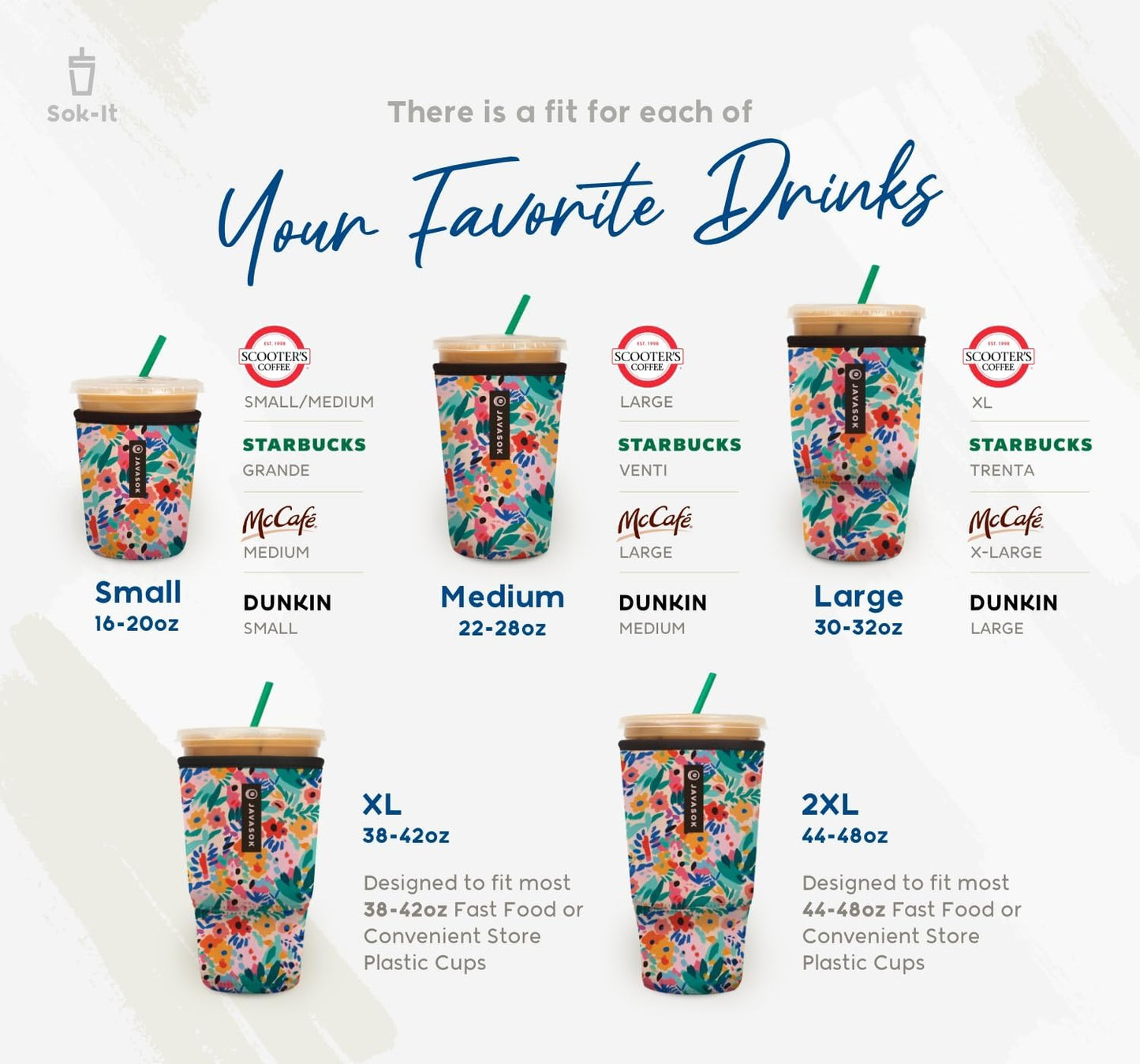 Sok It JavaSok Iced Coffee & Cold Soda Insulated Neoprene Cup Sleeve (Feathered Foliage, Large: 30-32oz)