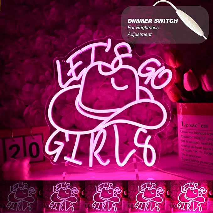 Britrio Cowgirl Hat Let’s Go Girls Neon Sign Hot Pink Led Western Cowboy Neon - Image 4