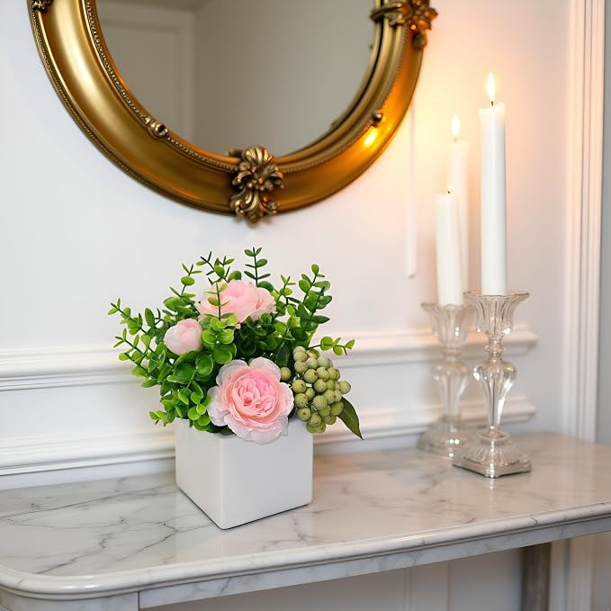 Pink Artificial Rose Eucalyptus Berry Faux Floral Table Home Bathroom Decor | - Image 4