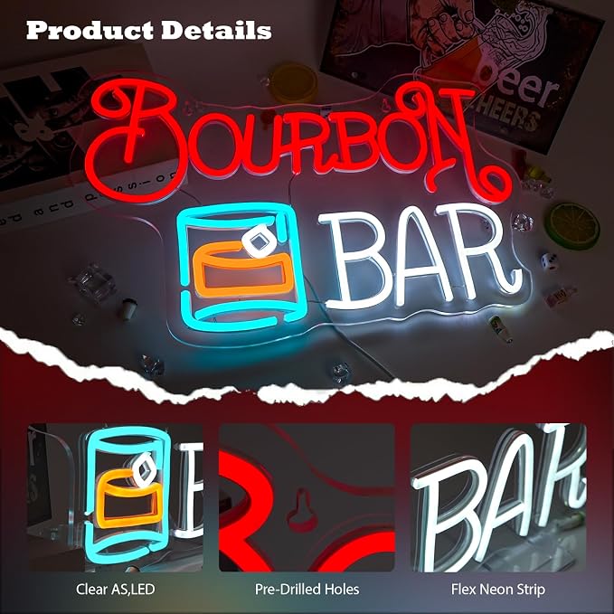 Bourbon Bar Neon Signs for Wall Decor Dimmable LED Neon Light USB Powered Light - Image 3