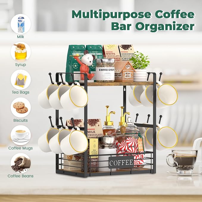 EsLuker.ly Coffee Mug Cup Holder Tree Bar Station Organizer, 2 Tier Mug Stand - Image 4