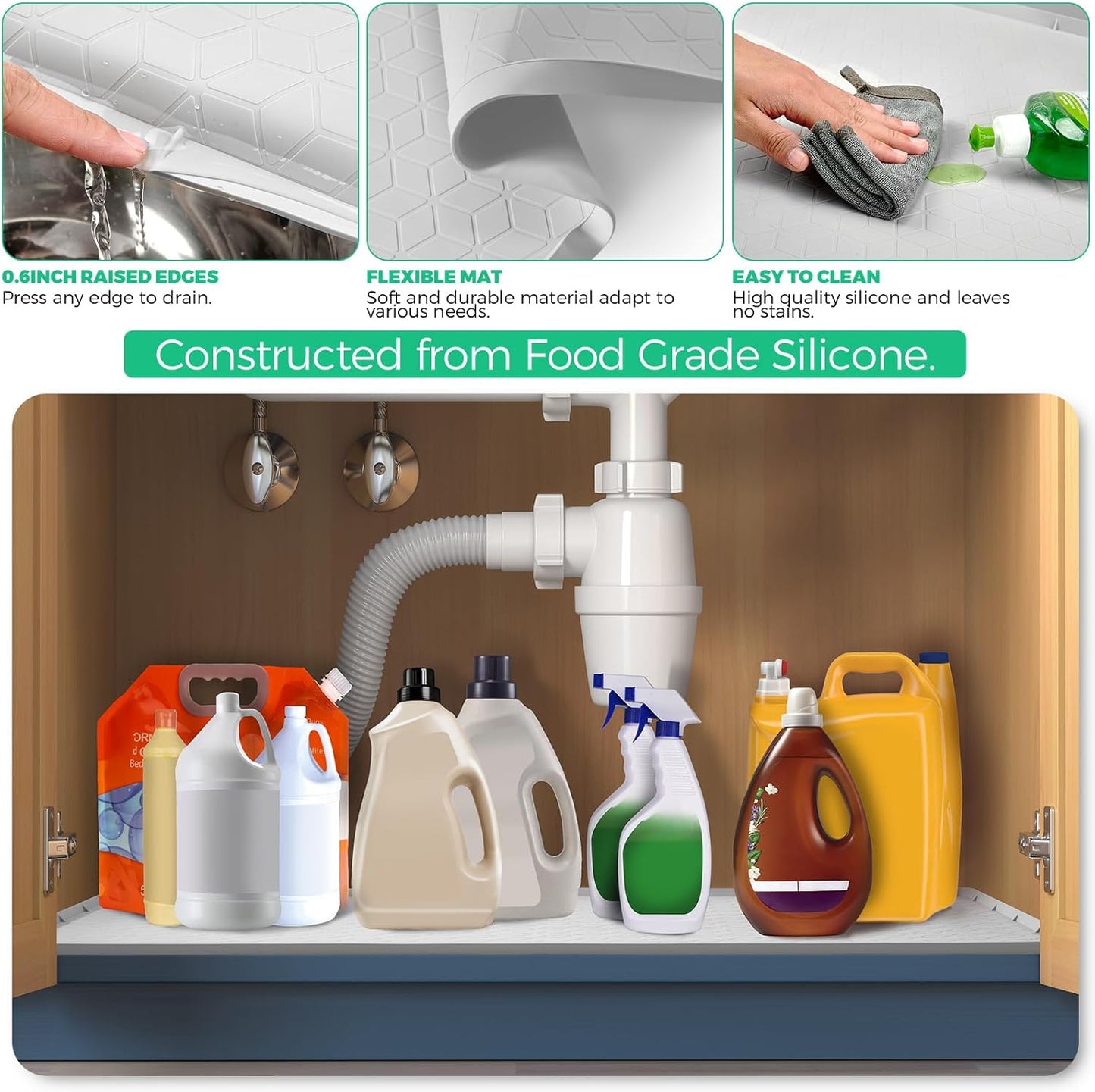TRZZ Silicone Waterproof Under Sink Mat 31" x 22", Drip Tray and Cabinet Liner for Kitchen and Bathroom, Prevents Water Damage and Organizes Cabinets (Beige)