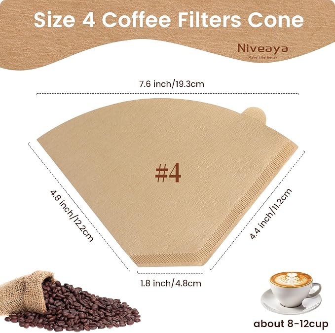 Niveaya Coffee Filters 600 Count, Coffee Filter #4 Cone, Natural Paper Coffee - Image 2