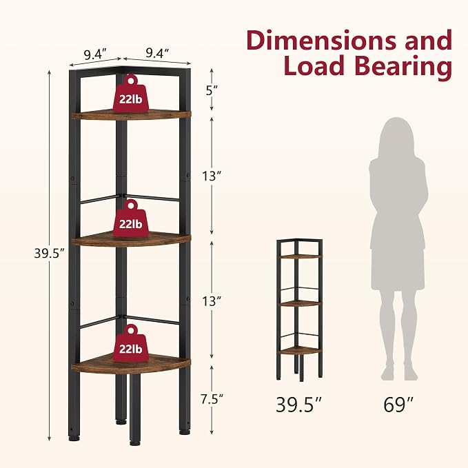 Tajsoon Small Corner Shelf Stand 3 Tier 39.6" Industrial Corner Display Shelf - Image 2