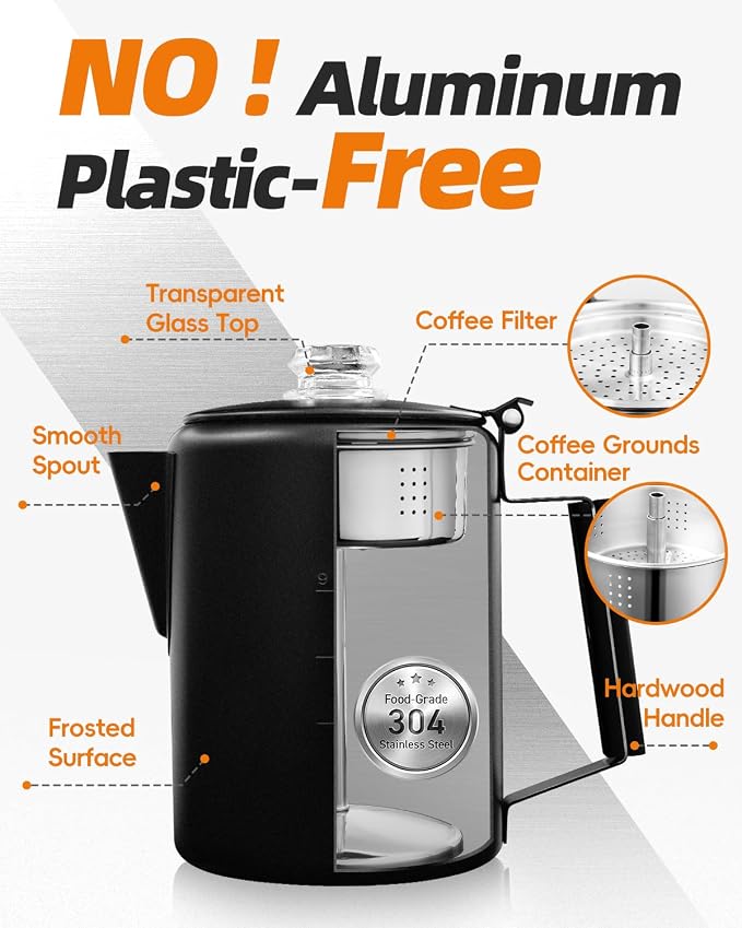 MEREZA Coffee Percolator Stovetop Camping Coffee Pot Stainless Steel 9 CUP - Image 2