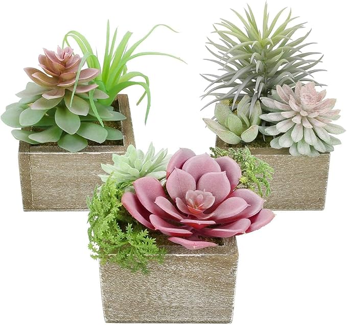 Succulent Plants Artificial, 3 Pack Small Fake Plants in Wood Pot by Mingfuxin
