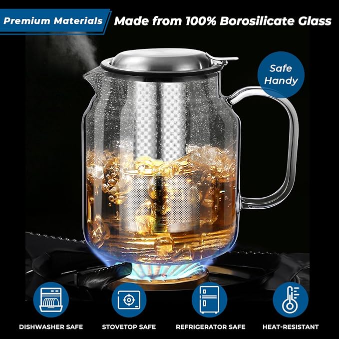 Aquach 68oz Glass Teapot with Infuser, Stovetop Safe Borosilicate Tea Pot | - Image 2