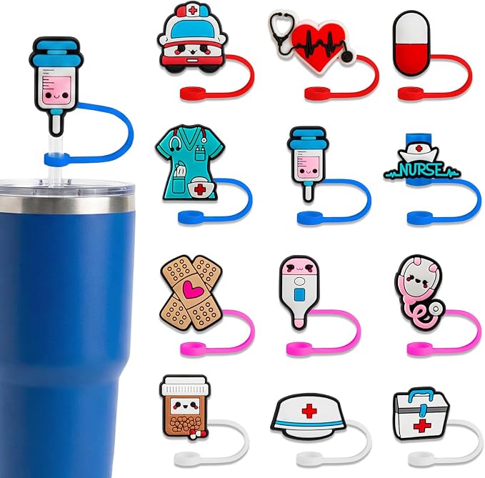 12 Pcs Nurse Straw Toppers, Silicone 10mm Cute Straw Covers Cap by GCTWFYK