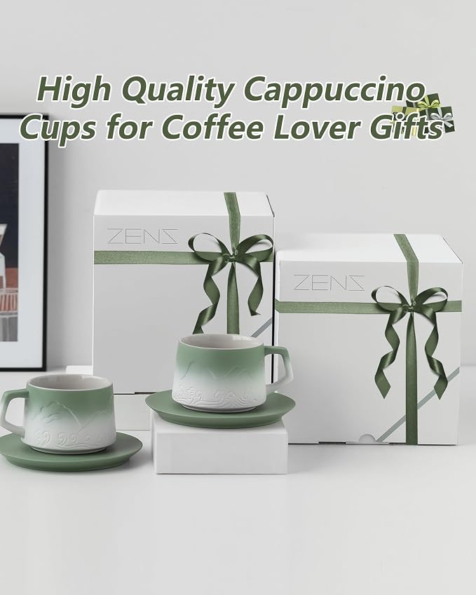 ZENS 8 Ounce Artistic Cappuccino Cups Set of 2, Embossed Ceramic Coffee Mug - Image 6