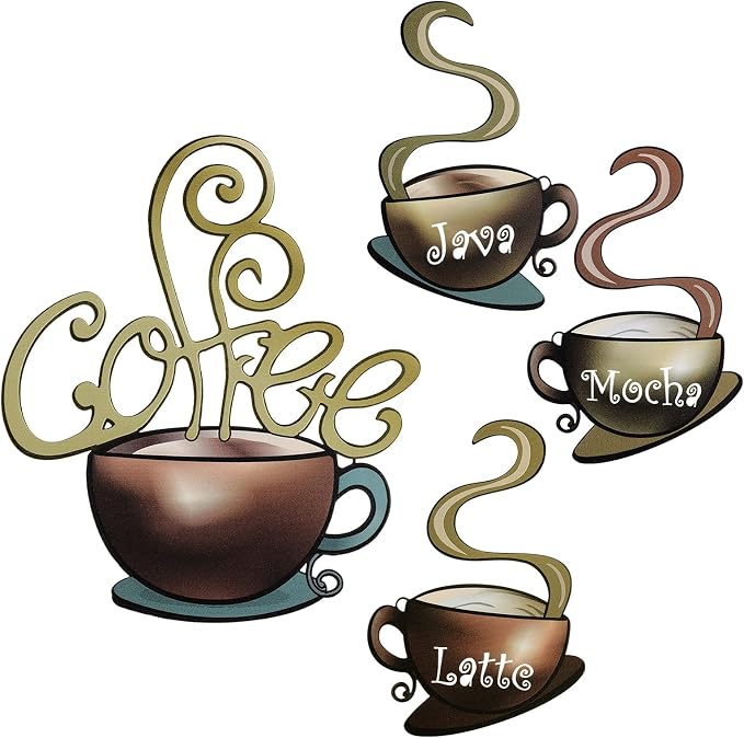 4 Pieces Metal Coffee Cup Wall Decor Coffee Bar Decor Cafe Themed Wall Art by HOTOP