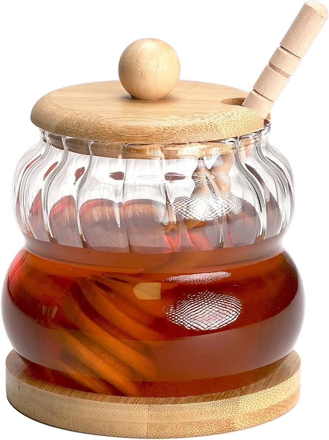 Pot with Dipper and Lid, 11oz Glass Jar with Wooden Base Tray and Wooden Lid - Image 6