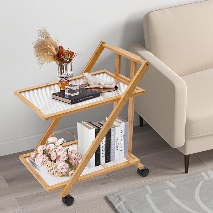 2-Tier Foldable Rolling Coffee Bar Cart Home Utility Cart Storage Organizer - Image 9