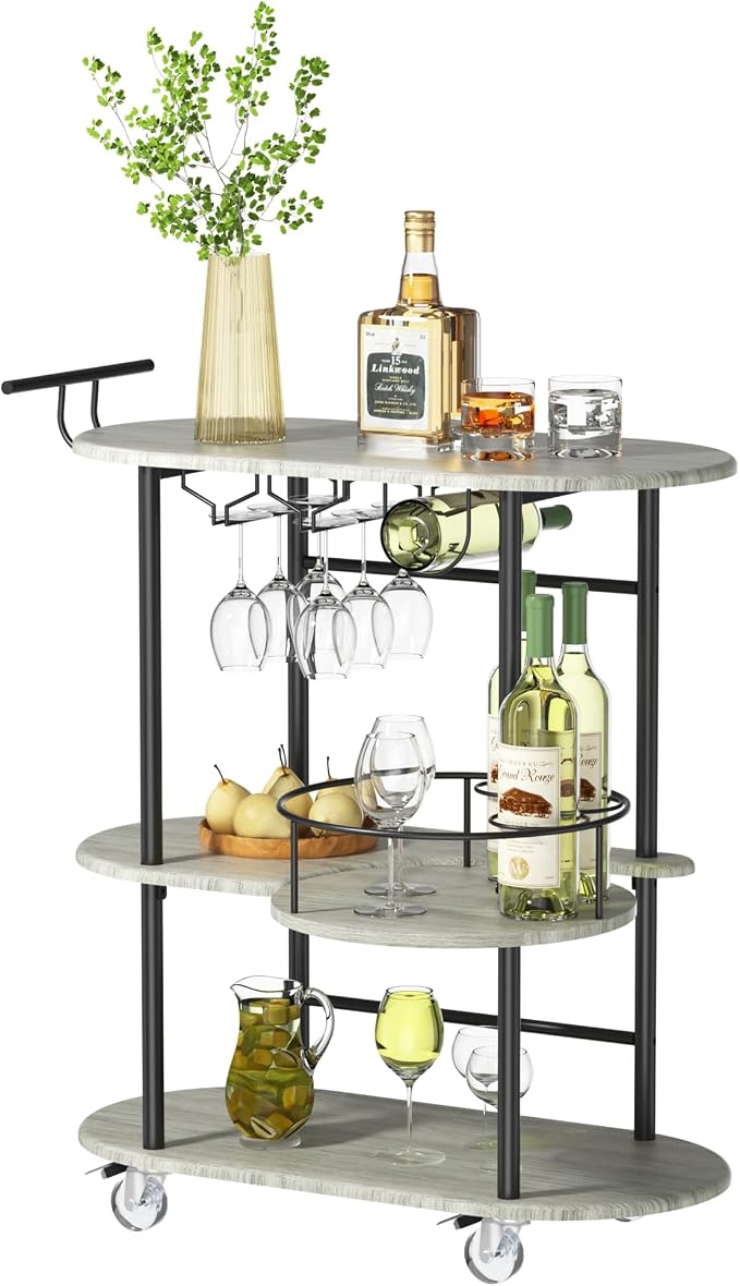 Light Gray Bar Carts with 4-Tier Storage Shelves, Mobile Bar Serving Cart with - Image 4