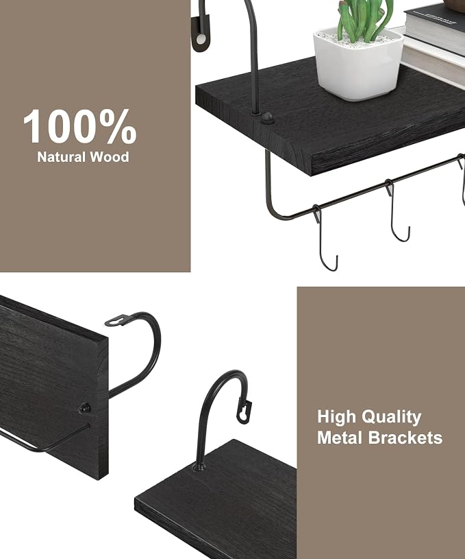 Wall Mount Floating Shelves, Wooden Coffee Bar Hanging Storage Shelf Rustic Cup - Image 7
