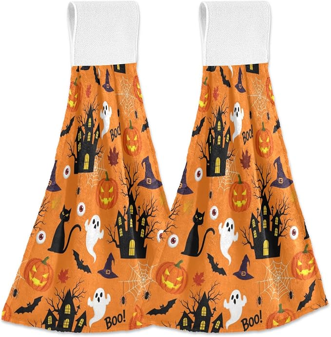 Happy Halloween Pumpkins Spooky Kitchen Hanging Towel 12 x 17 Inch Spider Web by Dussdil