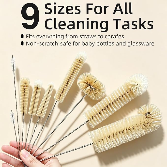 Masthome 9 Pack Bottle Brush Set, Boar Bristle Mixed PP Baby Bottle Cleaner - Image 3
