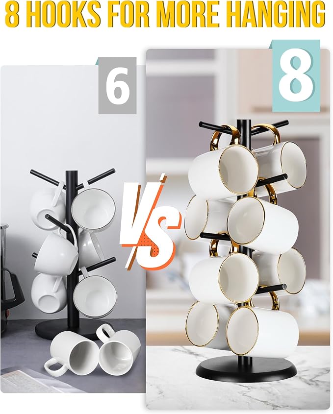 Lorbro Coffee Mug Tree with 8 Hooks, Mug Tree Stand, Wooden Coffee Cup Holder - Image 7