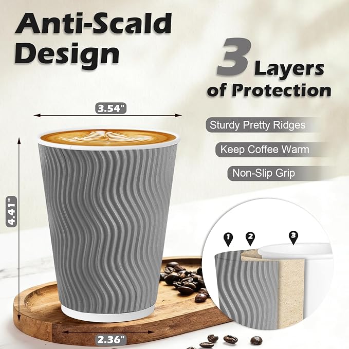 Clawsoff 500 Pack 12 oz Coffee Cups, Disposable Corrugated Insulated Ripple - Image 2