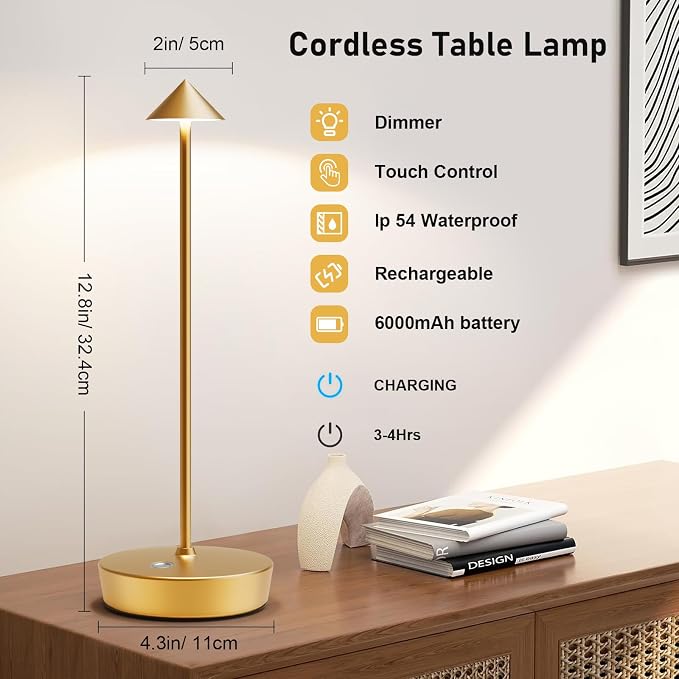 Rechargeable Cordless Table Lamp, 6000mAh LED Battery Operated Desk Lamp Touch - Image 3