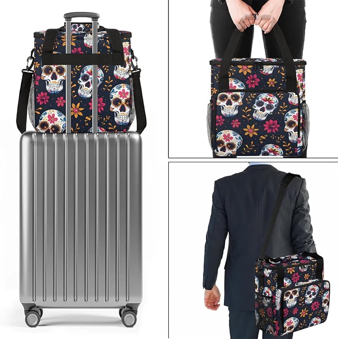 Sugar Skull Flowers Coffee Maker Carring Bag, Large Insulated Storage Organizer - Image 7
