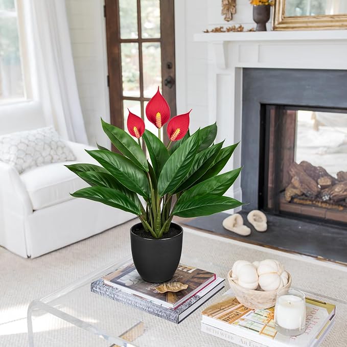 GnFlus 20'' Realistic Red Anthurium Artificial Potted Plant, Fake Flowers - Image 3