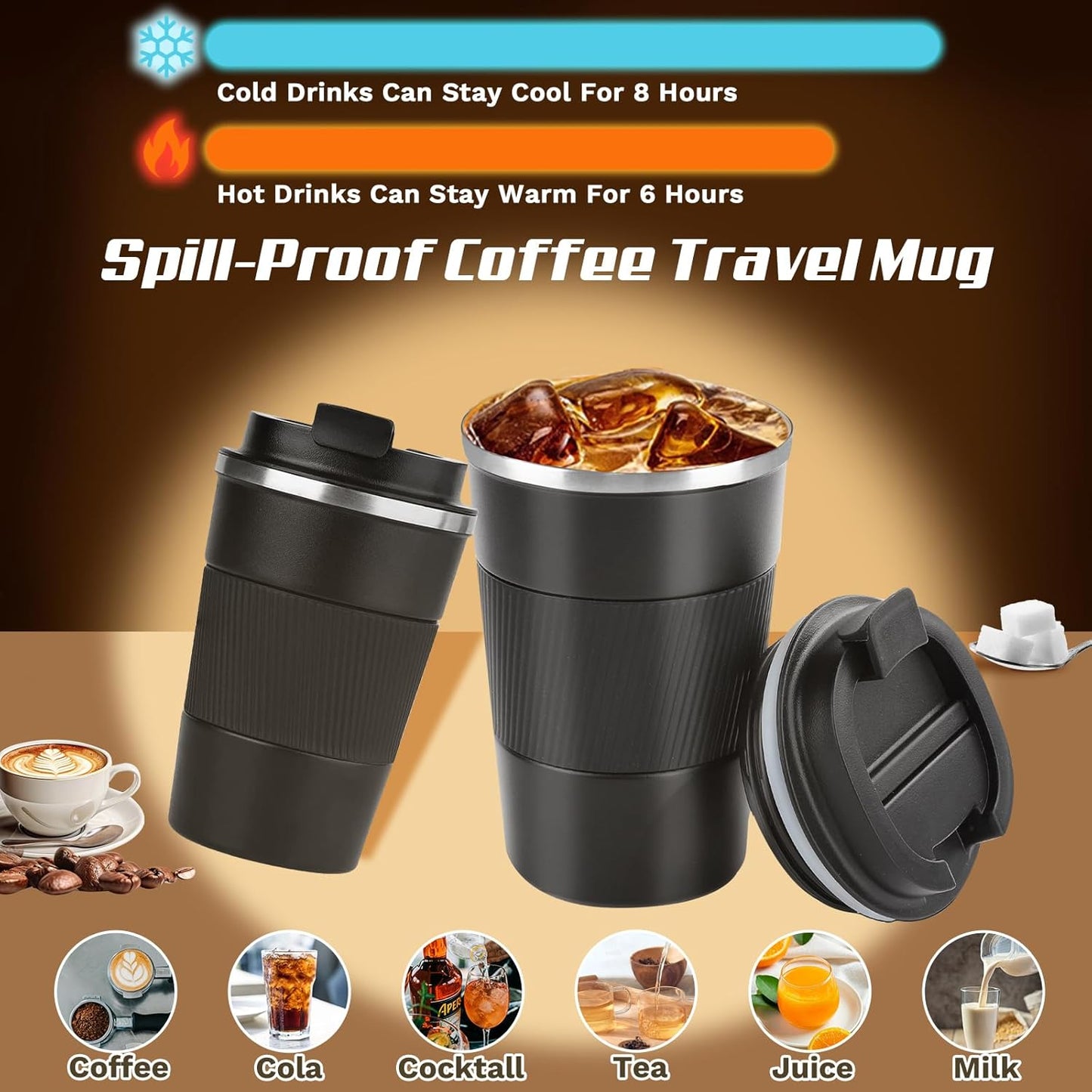 Vacuum-Insulated Stainless Steel Travel Coffee Mug, Leak-Proof Reusable Coffee Cup with Lid - Keep Hot & Cold Drinks for Hours, Durable Thermos Tumbler for Men & Women (3rd-Black, 17OZ)
