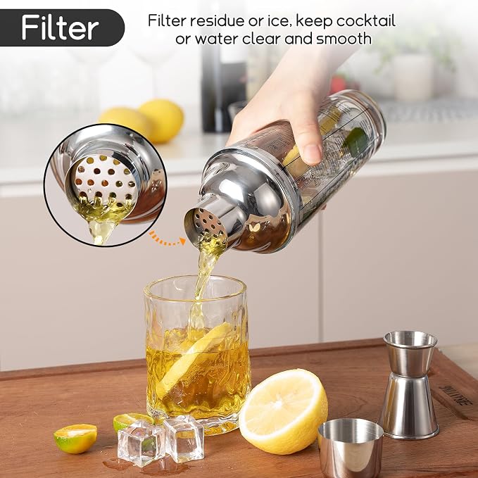 Glass Cocktail Shaker with Strainer, 14oz Martini Shaker with 6 Recipes On Side - Image 2