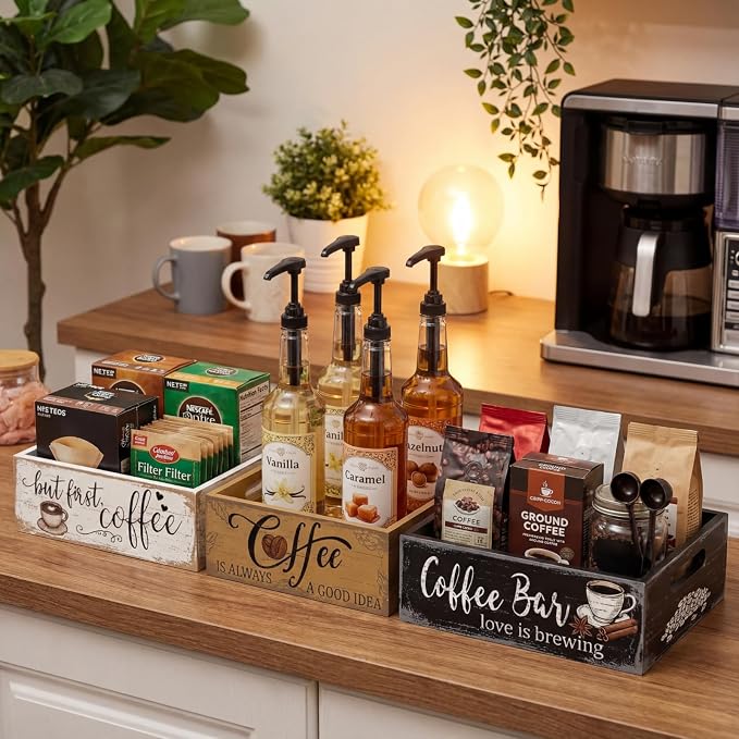 3 Pcs Coffee Station Organizer Wood Countertop Coffee Accessories Organizer - Image 2