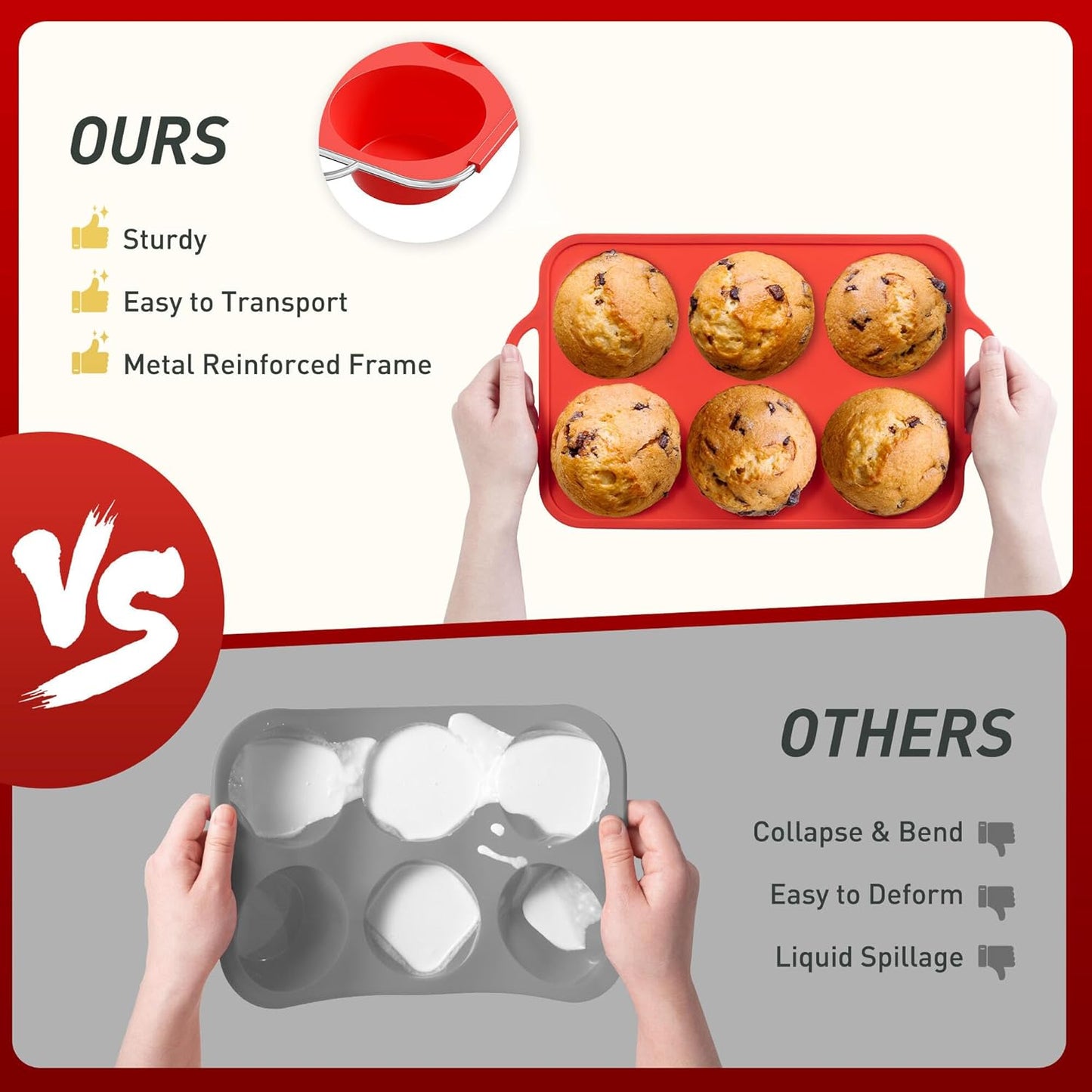 2 Packs 6 Cups Silicone Muffin Pan for Baking with Metal Reinforced Frame Jumbo Size Cupcake Pan Tray Egg Bites Silicone Circle Cookie Molds Muffin Tin Tart Pans Large Big Sheet Set for Breakfast
