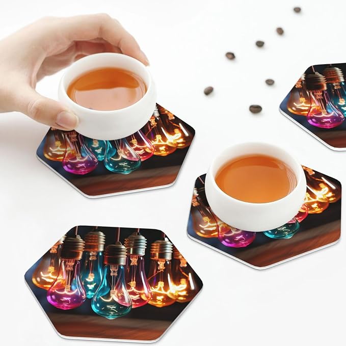 Drink Coasters with Holder A String of Colored Light Bulbs Leather Coasters - Image 7