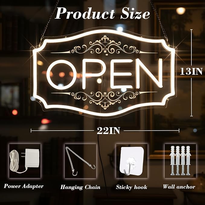 22" x 13" Open Sign for Business, LED Dimmable Neon Open Sign - Image 2