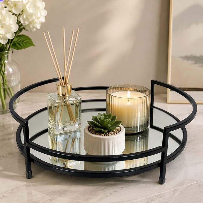 Round Black 12" Mirror Decor Tray, Metal Mirror Serving Tray, Glass Vanity & by ManisZuo