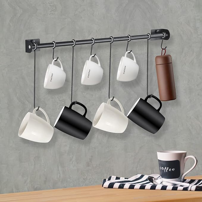 Coffee Mug Rack Wall Mounted Modern Hanging Tea Cup Holder Metal 15.7 Inch Rail - Image 2