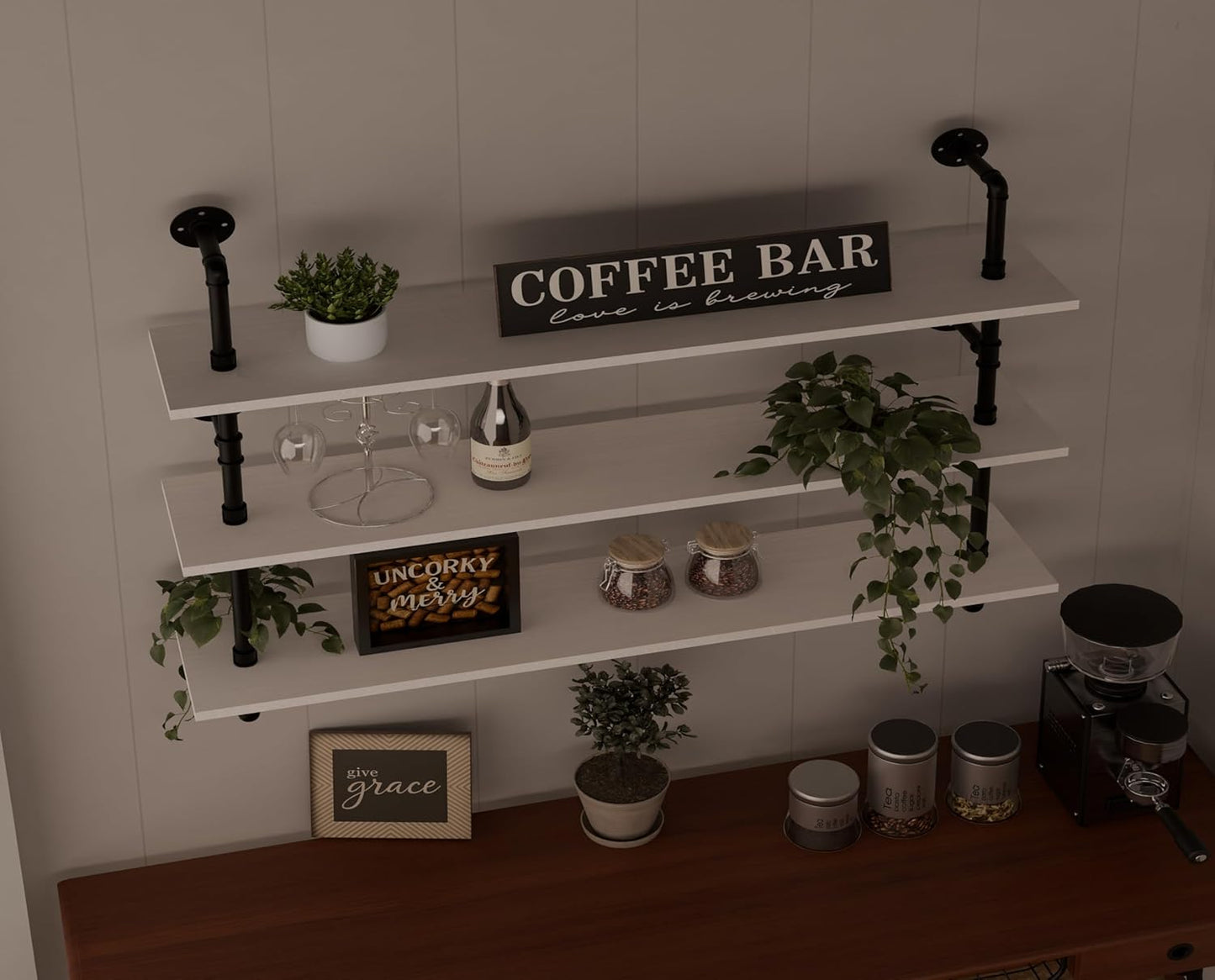 Industrial Pipe Shelving Rustic White Pipe Wall Shelves Industrial Shelves with Wood Planks Floating Shelves 48 Inch Farmhouse Bathroom,Kitchen Shelving Wall Mounted