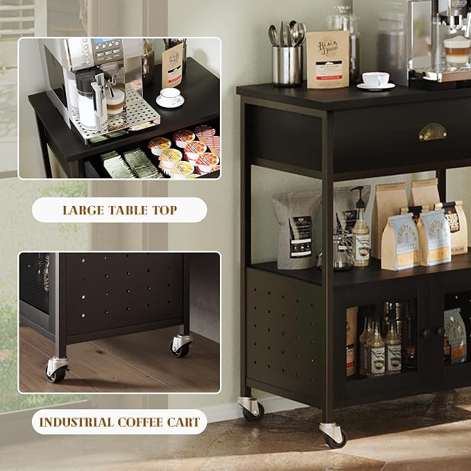 Catrimown Coffee Bar Cart Cabinet, 3 Tier Coffee Station Table on Wheels - Image 6
