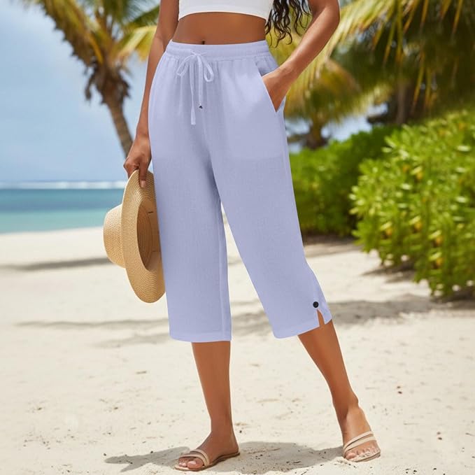 Straight Leg Capri Linen Pants for Women Elastic Waist Drawstring Pant Summer - Image 3
