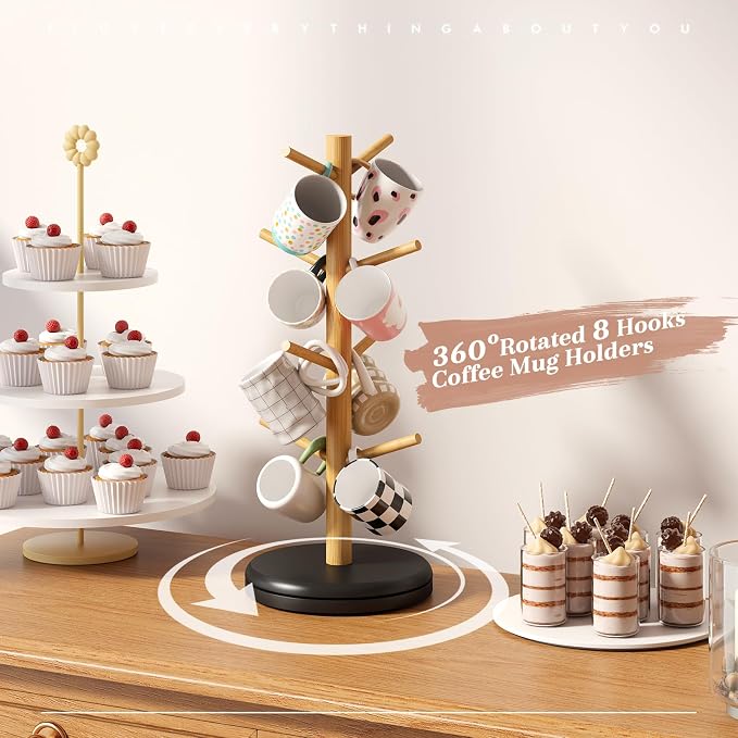 STDDRE Mug Holder Tree 360° Rotated Mug Tree Coffee Cup Holder Bamboo Rack - Image 6