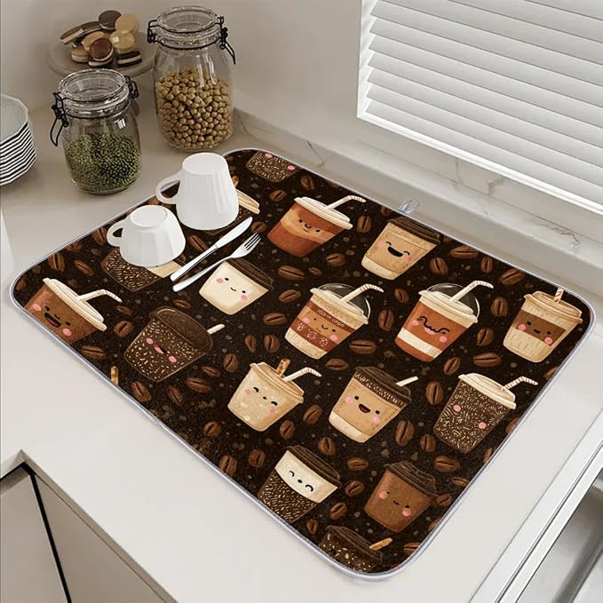 Dish Drying Mats for Kitchen Counter Coffee Beans Cups On Brown Drainer Rack - Image 2