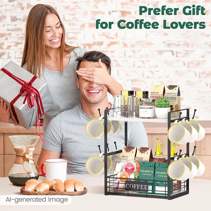 EsLuker.ly Coffee Mug Cup Holder Tree Bar Station Organizer, 2 Tier Mug Stand - Image 7