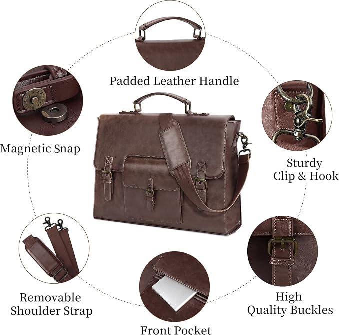 Leather Messenger Bag for Men 15.6 Inch Waterproof Vintage Leather Laptop - Image 5