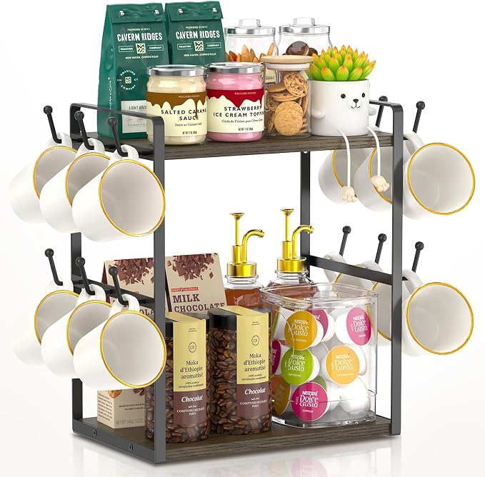 EsLuker.ly Coffee Station Bar Organizer Mug Holder Stand Countertop, 2 Tier Mug by EsLukerly