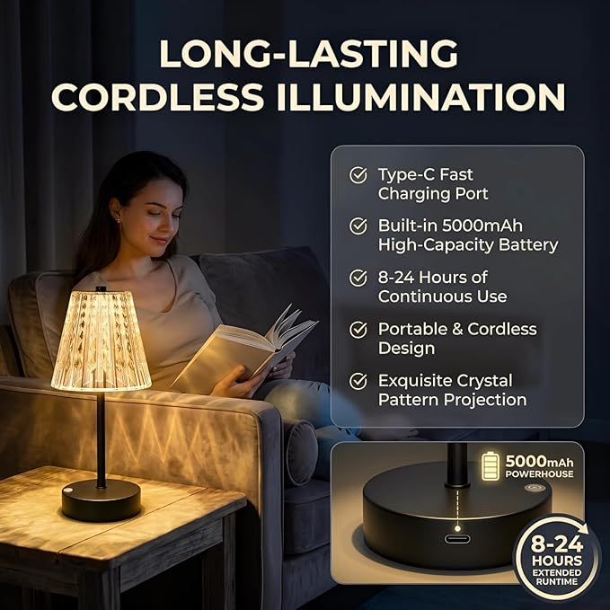 Black Cordless Table Lamp Rechargeable, Small Battery Powered Lamp 5000mAh - Image 5