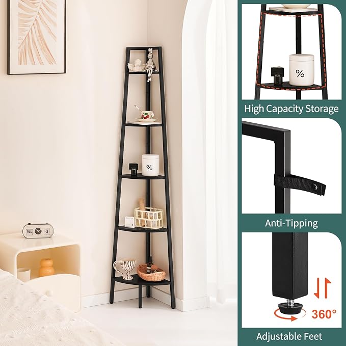 Yoobure 5‑Tier Corner Shelf – Sturdy Metal Frame & Wood Ladder Bookshelf - Image 4