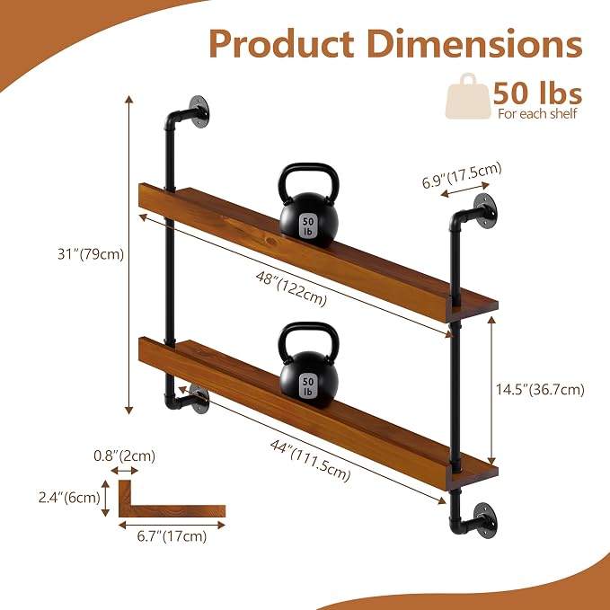 Wall Mounted Wine Rack with LED Light, LED Industrial Pipe Wine Shelf, 2-Tier - Image 2